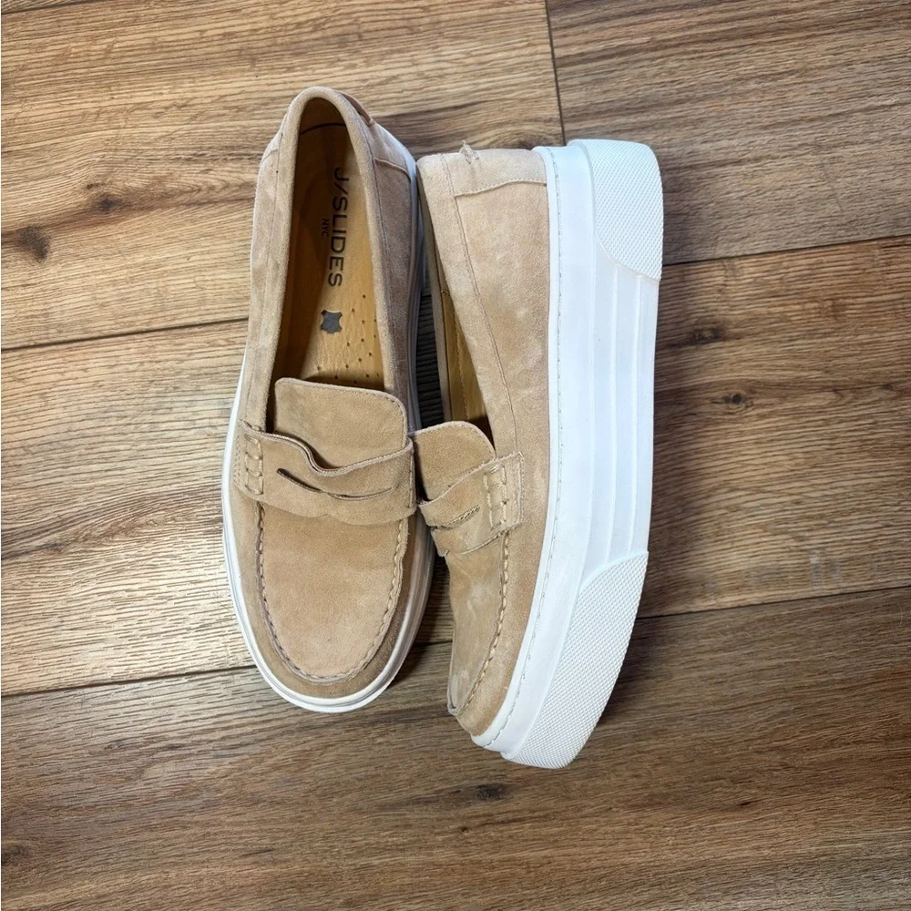 J/Slides AVA platform penny loafers in a light sand suede